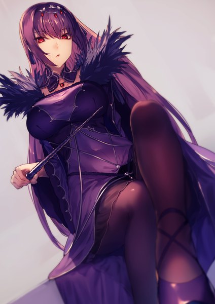 Anime picture 1400x1980 with fate (series) fate/grand order scathach (fate) (all) scathach skadi (fate) kyouya (mukuro238) single long hair tall image looking at viewer fringe breasts light erotic simple background hair between eyes red eyes sitting holding payot purple hair grey background