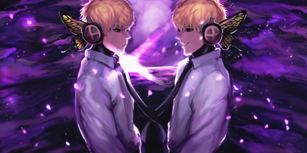 Anime picture 3000x1500 with one-punch man vocaloid madhouse magnet (vocaloid) genos highres short hair blonde hair smile wide image sky cloud (clouds) profile black eyes multiple boys looking down light face to face twins purple background