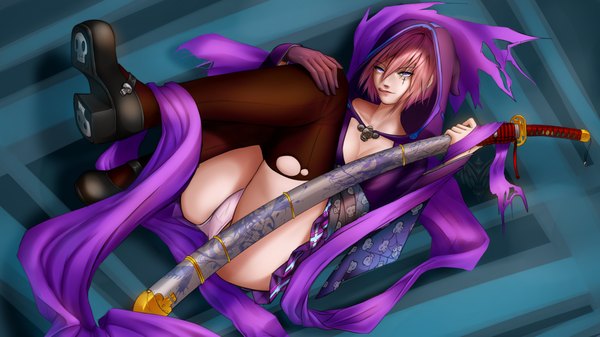 Anime picture 4416x2484 with forgotten-wings single fringe highres short hair light erotic wide image purple eyes pink hair absurdres girl thighhighs underwear panties weapon sword boots katana pink panties torn thighhighs