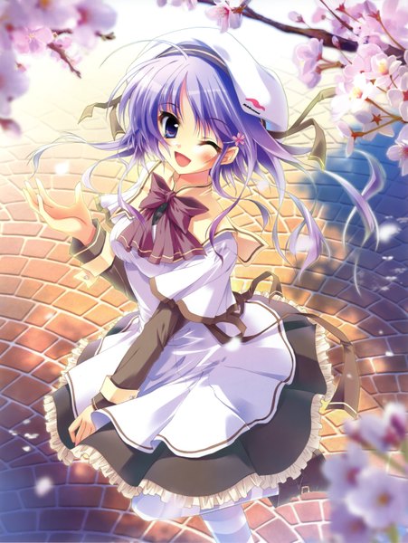 Anime picture 2359x3134 with izumi tsubasu single tall image blush highres open mouth blue eyes blue hair one eye closed wink cherry blossoms ;d girl thighhighs bow ribbon (ribbons) hat serafuku striped thighhighs branch