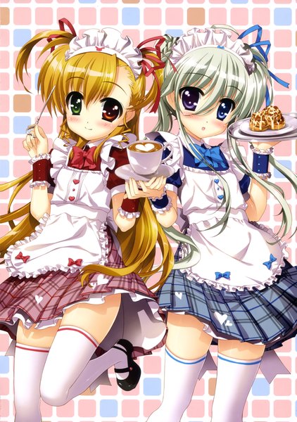 Anime picture 2882x4097 with mahou shoujo lyrical nanoha takamachi vivio einhart stratos fujima takuya long hair tall image looking at viewer blush highres open mouth blonde hair smile twintails multiple girls white hair scan maid loli heterochromia girl