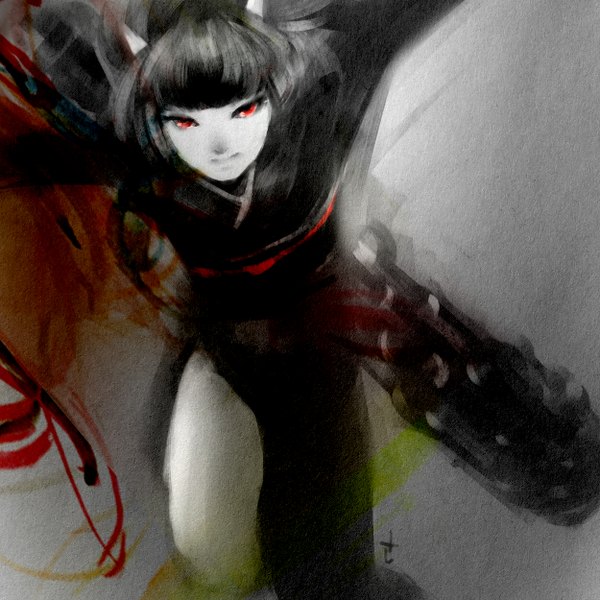 Аниме картинка 1250x1250 с гинтама sunrise (studio) gedomaru один (одна) смотрит на зрителя короткие волосы чёрные волосы улыбка красные глаза японская одежда рог (рога) рога они девушка оружие бита