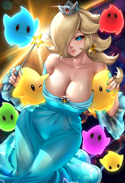 Anime picture 2400x3508 with super mario bros. rosetta (mario) chiko (mario) enmanuelart20 single long hair tall image looking at viewer fringe highres breasts blue eyes light erotic blonde hair large breasts bare shoulders holding cleavage nail polish parted lips