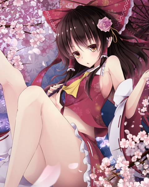 Anime picture 800x1000 with touhou hakurei reimu toyosaki shu single long hair tall image looking at viewer blush fringe breasts light erotic hair between eyes brown hair brown eyes traditional clothes japanese clothes hair flower wide sleeves cherry blossoms miko