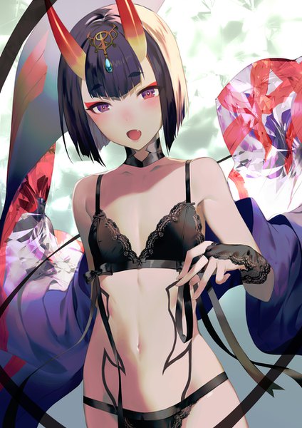 Anime picture 868x1228 with fate (series) fate/grand order shuten douji (fate) salmon88 single tall image looking at viewer blush fringe short hair open mouth light erotic simple background standing purple eyes purple hair horn (horns) fang (fangs) flat chest eyebrows