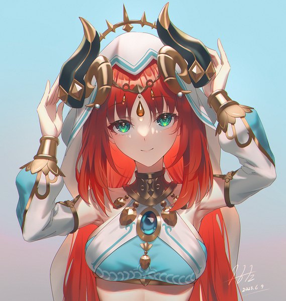 Anime picture 1024x1080 with genshin impact nilou (genshin impact) holz single long hair tall image looking at viewer simple background smile green eyes upper body red hair horn (horns) arms up gradient background girl detached sleeves crop top veil