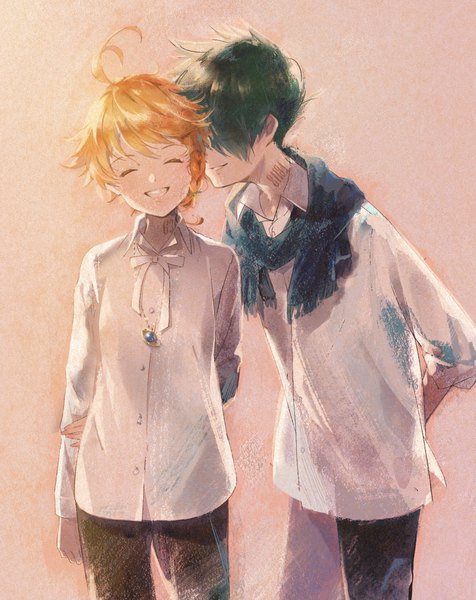 Anime picture 1261x1589 with yakusoku no neverland cloverworks emma (yakusoku no neverland) ray (yakusoku no neverland) awarin tall image short hair simple background smile ahoge eyes closed green hair orange hair tattoo grin hands behind back pink background ^ ^ girl boy