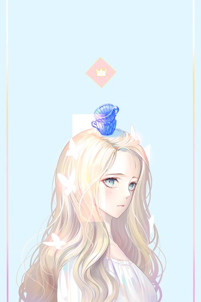 Anime picture 2600x3900 with original huyou (awegk) single long hair tall image looking at viewer blush fringe highres blue eyes simple background blonde hair standing upper body mole mole under eye wavy hair blue background girl insect