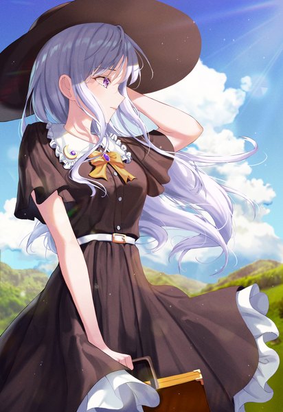 Anime picture 3092x4500 with original oert129 single long hair tall image fringe highres standing purple eyes holding looking away absurdres sky silver hair cloud (clouds) outdoors profile arm up wind sunlight