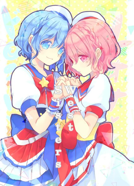 Anime picture 757x1048 with puri para pretty (series) leona west dorothy west kosuzume tall image blush short hair blue eyes blue hair pink hair profile pink eyes light smile inscription mole mole under eye holding hands siblings twins
