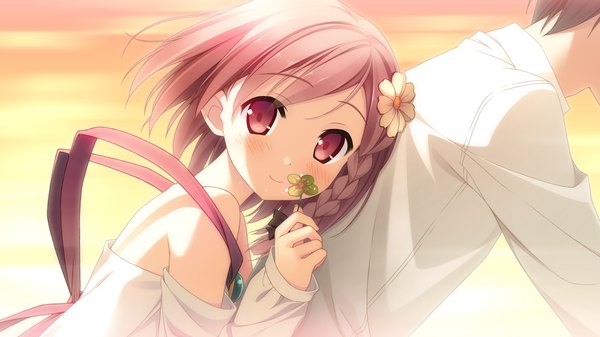 Anime picture 1920x1080 with your diary nagamine tomoki yua (your diary) kantoku blush highres short hair red eyes wide image pink hair game cg braid (braids) hair flower loli girl hair ornament