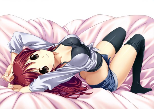 Anime picture 1600x1129 with to heart 2 leaf (studio) kousaka tamaki koutaro single long hair looking at viewer blush breasts light erotic brown eyes ass red hair light smile midriff arms behind head girl thighhighs black thighhighs shorts