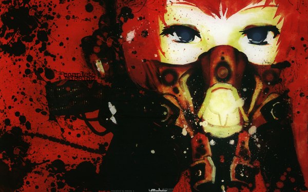 Anime picture 1920x1200 with vocaloid meiko meola looking at viewer highres short hair blue eyes wide image red hair wallpaper red background abstract texture girl blood mask paint respirator grunge