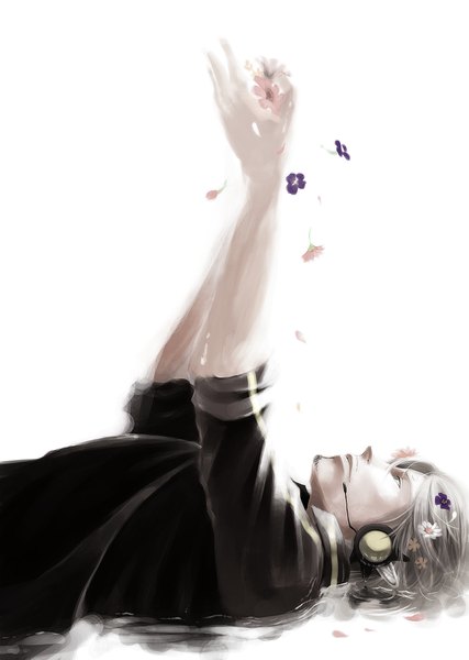 Anime picture 1600x2250 with one piece toei animation sanji urakata hajime single tall image short hair simple background white background green eyes lying profile hair flower grey hair arms up boy hair ornament flower (flowers) petals water