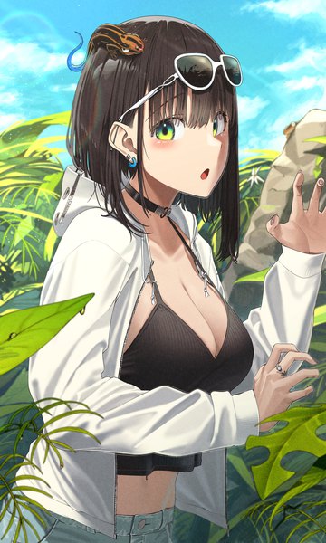 Anime picture 1500x2500 with original noeru single tall image looking at viewer blush fringe short hair breasts open mouth light erotic black hair large breasts green eyes sky cleavage cloud (clouds) outdoors blunt bangs long sleeves