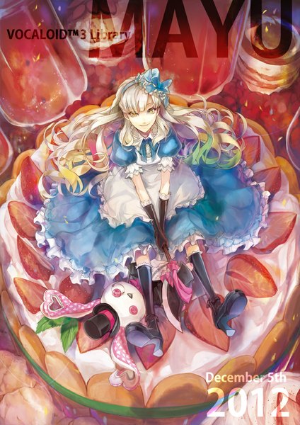Anime picture 800x1131 with alice in wonderland vocaloid alice (wonderland) mayu (vocaloid) usano mimi rahwia single long hair tall image looking at viewer blush blonde hair smile sitting yellow eyes character names grin cosplay minigirl girl