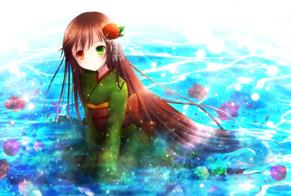 Anime picture 1748x1181 with rozen maiden suiseiseki amano sora (artist) single long hair looking at viewer highres brown hair japanese clothes hair flower heterochromia girl dress hair ornament flower (flowers) water kimono rose (roses) obi