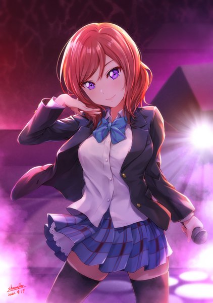 Anime picture 1274x1812 with love live! school idol project sunrise (studio) love live! nishikino maki shamakho single tall image looking at viewer blush fringe short hair smile hair between eyes standing purple eyes holding signed red hair long sleeves head tilt