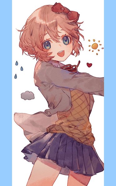 Anime-Bild 600x966 mit doki doki literature club sayori (doki doki literature club) shourou kanna single tall image looking at viewer fringe short hair open mouth blue eyes simple background smile hair between eyes brown hair standing white background cloud (clouds) long sleeves :d pleated skirt