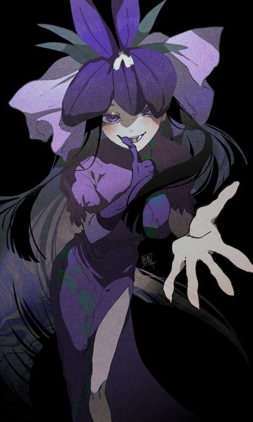 Anime picture 1798x2997 with touhou yomotsu hisami sokura (mochichitose) single long hair tall image looking at viewer highres black hair simple background smile purple eyes black background side slit outstretched hand girl dress gloves flower (flowers) single glove