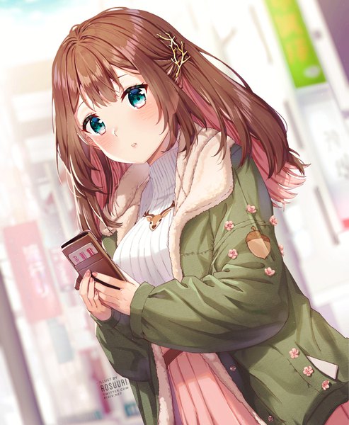 Anime picture 800x973 with original rosuuri single long hair tall image looking at viewer blush fringe breasts brown hair holding signed long sleeves parted lips pleated skirt multicolored hair aqua eyes fingernails blurry open clothes