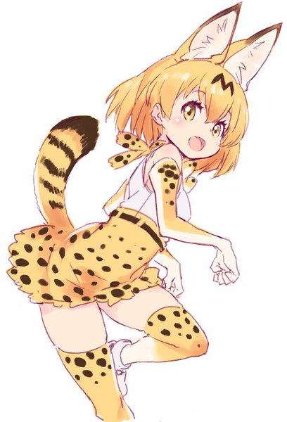 Anime picture 681x1000 with kemono friends serval (kemono friends) kawata hisashi single tall image looking at viewer blush short hair open mouth blonde hair simple background white background animal ears yellow eyes bent knee (knees) tail :d animal tail animal print leopard print