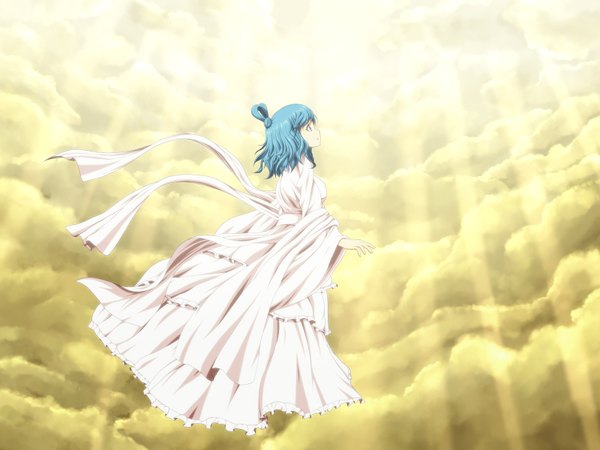 Anime picture 1600x1200 with touhou kaku seiga jean0503 single short hair blue eyes blue hair cloud (clouds) looking up flying girl dress
