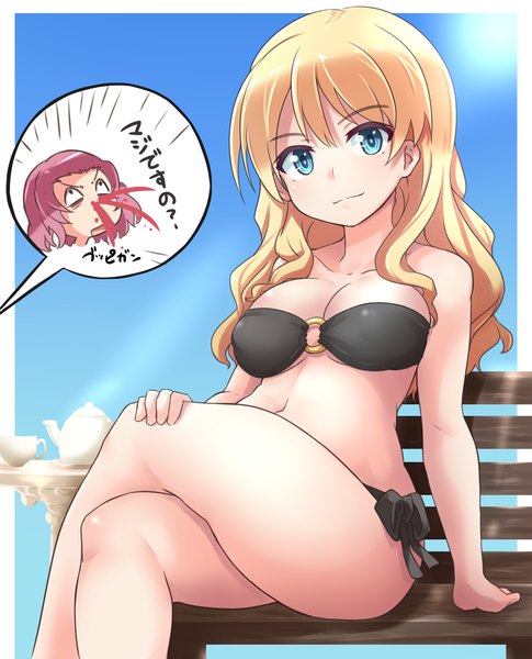 Anime picture 970x1200 with girls und panzer darjeeling (girls und panzer) rosehip (girls und panzer) kitayama miuki long hair tall image looking at viewer blush fringe short hair breasts open mouth blue eyes light erotic blonde hair hair between eyes large breasts sitting bare shoulders multiple girls
