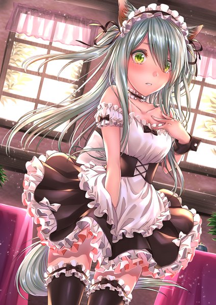 Anime picture 2480x3508 with original routo (rot 0) single long hair tall image looking at viewer blush fringe highres standing green eyes animal ears payot indoors tail parted lips animal tail cat ears hair over one eye aqua hair