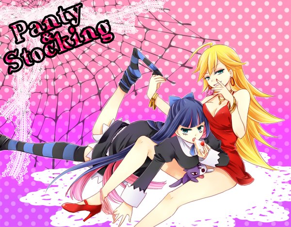 Anime picture 1300x1014 with panty & stocking with garterbelt anarchy stocking anarchy panty long hair blonde hair multiple girls green eyes blue hair girl thighhighs dress 2 girls earrings bracelet sweets striped thighhighs red dress cake