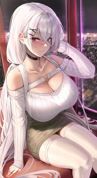 Anime picture 3341x6122 with original bannou ippoutsukou single tall image looking at viewer blush fringe highres breasts light erotic smile hair between eyes red eyes large breasts sitting twintails bare shoulders absurdres white hair very long hair