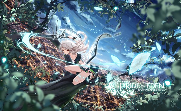 Anime picture 1920x1190 with red: pride of eden shou (pride of eden) clouble single long hair looking at viewer highres red eyes wide image bare shoulders holding sky cloud (clouds) outdoors pleated skirt wind grey hair blurry official art depth of field