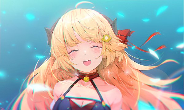 Anime-Bild 1617x973 mit virtual youtuber hololive tsunomaki watame andychen single long hair blush open mouth blonde hair wide image cleavage upper body ahoge eyes closed horn (horns) wind sparkle tears ^ ^ anaglyph