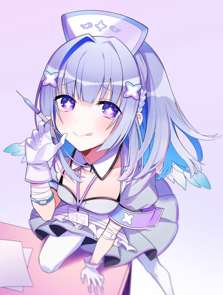 Anime picture 2894x3824 with virtual youtuber hololive amane kanata amane kanata (4th costume) uehara (dormmmmir ) single long hair tall image looking at viewer highres simple background purple eyes silver hair from above official alternate costume purple background nurse girl gloves uniform