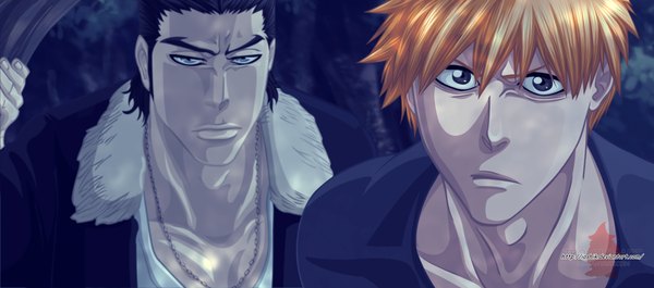 Anime picture 1358x600 with bleach studio pierrot kurosaki ichigo ginjou kuugo ioshik short hair blue eyes black hair wide image brown eyes orange hair coloring boy plant (plants) tree (trees) fur