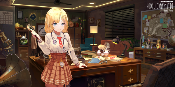 Anime picture 2400x1200 with virtual youtuber hololive hololive english watson amelia bubba (watson amelia) san ke yue shi single looking at viewer fringe highres short hair breasts blue eyes blonde hair smile wide image standing holding indoors pleated skirt