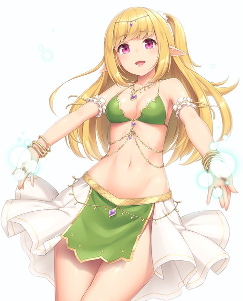 Anime picture 840x1040 with original sasaame single long hair tall image looking at viewer blush fringe breasts open mouth light erotic simple background blonde hair standing white background bare shoulders payot cleavage traditional clothes pink eyes