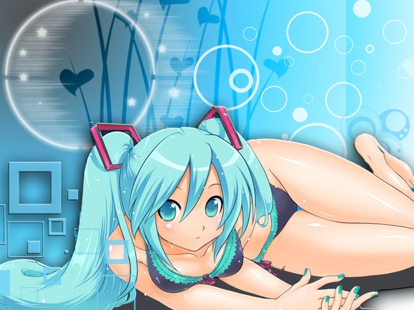 Anime picture 1600x1200 with vocaloid hatsune miku single long hair looking at viewer fringe breasts hair between eyes twintails full body lying nail polish barefoot aqua eyes aqua hair on side third-party edit aqua nail polish girl underwear
