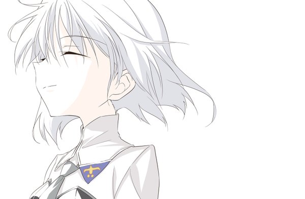 Anime picture 1600x1050 with strike witches sanya v. litvyak agahari single short hair simple background smile white background white hair eyes closed profile wind portrait girl uniform