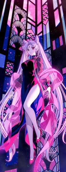 Anime picture 968x2500 with bishoujo senshi sailor moon toei animation chibiusa black lady nardack single tall image looking at viewer fringe breasts light erotic red eyes twintails pink hair full body very long hair hair bun (hair buns) high heels strap slip forehead mark