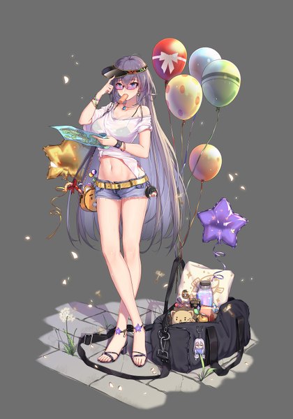 Anime picture 1200x1714 with ark order 5555 96 single tall image looking at viewer fringe blue eyes simple background hair between eyes standing bare shoulders holding purple hair full body ahoge very long hair arm up off shoulder grey background bare legs
