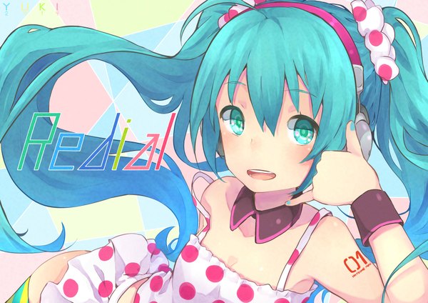 Anime picture 3507x2480 with vocaloid redial (vocaloid) hatsune miku yuki-02 single long hair looking at viewer blush highres open mouth smile twintails bare shoulders absurdres nail polish aqua eyes aqua hair teeth girl skirt