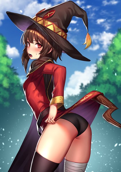 Anime picture 707x1000 with kono subarashii sekai ni shukufuku wo! studio deen megumin eatora single tall image looking at viewer blush fringe short hair open mouth light erotic hair between eyes red eyes brown hair standing payot sky cloud (clouds) ass