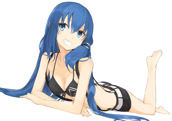Anime picture 1533x1082 with original miruto netsuki single long hair fringe blue eyes light erotic simple background hair between eyes white background bare shoulders blue hair looking away cleavage full body bent knee (knees) lying head tilt barefoot arm support