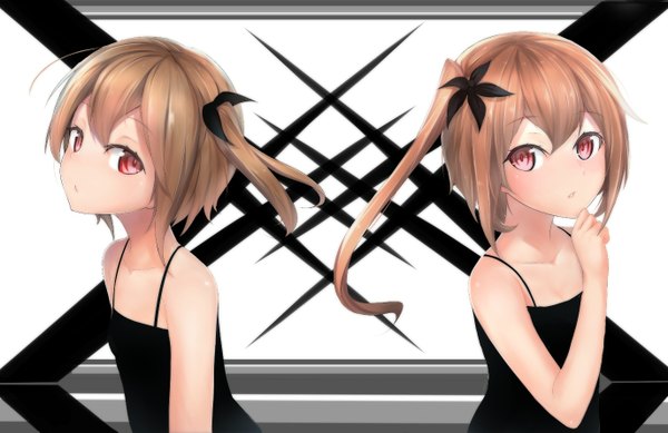 Anime picture 1374x893 with original xiaodi long hair looking at viewer blush fringe short hair breasts red eyes brown hair bare shoulders multiple girls ponytail pink eyes hair flower side ponytail flat chest girl dress hair ornament