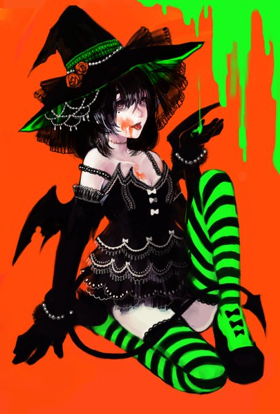 Anime picture 1181x1748 with original pantsumoriko single tall image black hair simple background full body halloween witch face paint orange background girl thighhighs dress gloves flower (flowers) hat wings elbow gloves tongue
