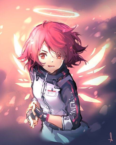 Anime picture 960x1200 with arknights exusiai (arknights) shijohane single tall image looking at viewer fringe short hair open mouth smile hair between eyes red eyes signed upper body red hair :d clothes writing >:d girl gloves