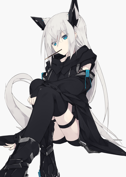 Anime picture 1111x1553 with original citrus (nagishiro mito) nagishiro mito single long hair tall image fringe blue eyes light erotic simple background hair between eyes sitting holding animal ears payot looking away tail animal tail grey hair hair over one eye