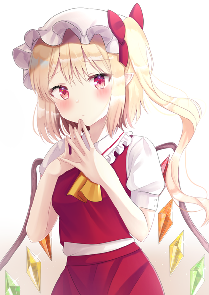 Anime-Bild 800x1130 mit touhou flandre scarlet nibosi single tall image blush short hair simple background blonde hair red eyes pointy ears puffy sleeves one side up gradient background fingers together girl skirt hat wings bonnet