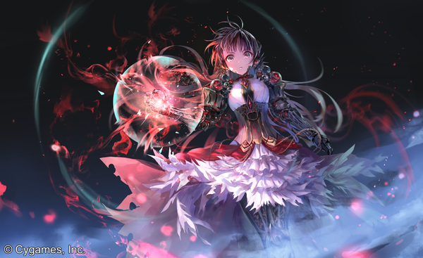Anime picture 1440x881 with shadowverse mono garnet rebel irua single long hair looking at viewer fringe brown hair wide image standing payot official art floating hair torn clothes magic watermark dark background slit pupils silver eyes expressionless